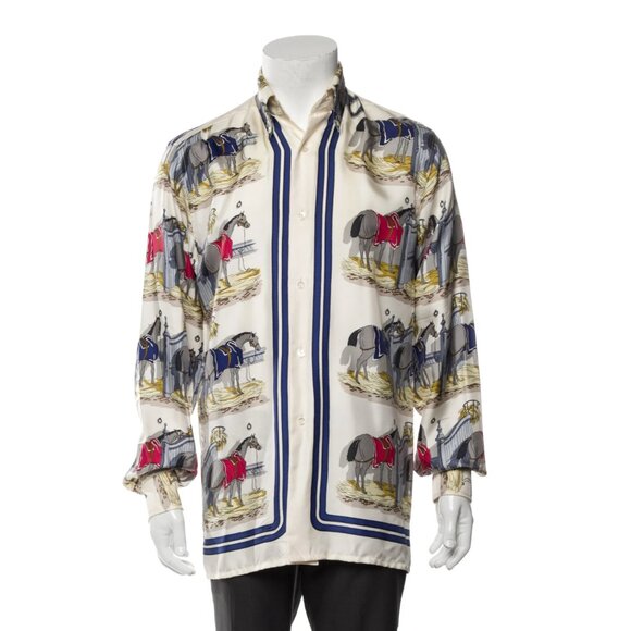 Hermes Ecuries Horse Print White Blue 37 Vintage Silk Button Shirt Small/Medium - Picture 1 of 1